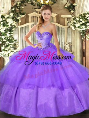 Glorious Lavender Sweetheart Lace Up Beading and Ruffled Layers Quinceanera Gown Sleeveless
