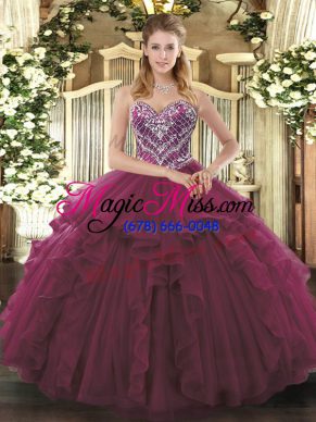 Gorgeous Beading and Ruffles Quinceanera Dress Burgundy Lace Up Sleeveless Floor Length