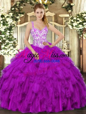 Fuchsia Straps Neckline Beading and Appliques and Ruffles 15th Birthday Dress Sleeveless Lace Up