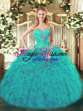Teal Sleeveless Organza Lace Up Quince Ball Gowns for Sweet 16 and Quinceanera