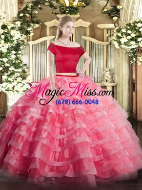 Noble Off The Shoulder Short Sleeves Tulle Sweet 16 Quinceanera Dress Appliques and Ruffled Layers Zipper
