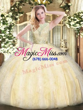 Affordable Light Yellow Ball Gowns Organza Scoop Sleeveless Lace and Ruffles Floor Length Backless Sweet 16 Dresses