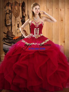 Embroidery and Ruffles Quinceanera Gowns Burgundy Lace Up Sleeveless Floor Length