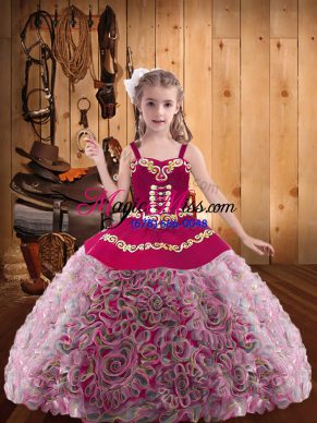Gorgeous Fabric With Rolling Flowers Sleeveless Floor Length Little Girls Pageant Gowns and Embroidery and Ruffles
