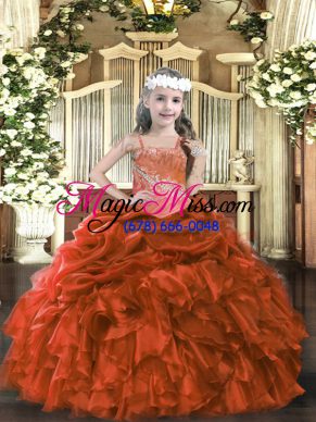 Classical Rust Red Ball Gowns Appliques and Ruffles Little Girls Pageant Gowns Lace Up Organza Sleeveless Floor Length