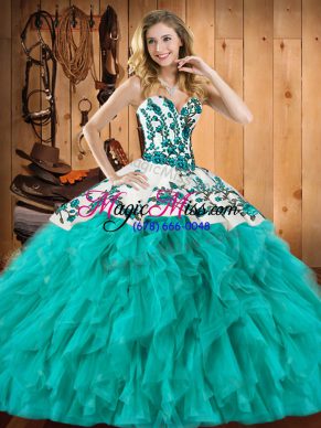 Sweet Sweetheart Sleeveless Quinceanera Dress Floor Length Embroidery and Ruffles Turquoise Satin and Organza
