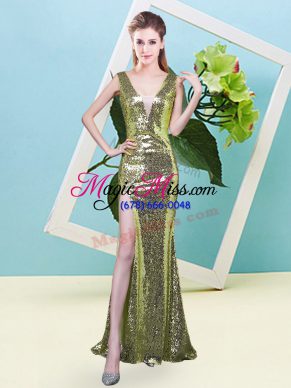 Super Yellow Green Prom Gown Prom and Party with Sequins V-neck Sleeveless Zipper