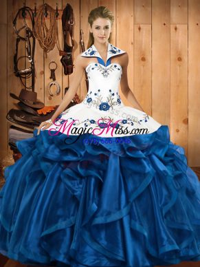 Fancy Satin and Organza Halter Top Sleeveless Lace Up Embroidery and Ruffles Sweet 16 Quinceanera Dress in Blue