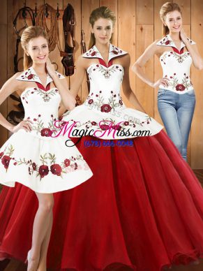 Floor Length Lace Up 15th Birthday Dress Wine Red for Military Ball and Sweet 16 and Quinceanera with Embroidery