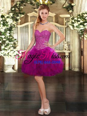 Fuchsia Evening Dress Prom and Party with Beading and Ruffles Sweetheart Sleeveless Lace Up