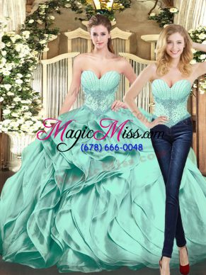 Cute Apple Green Ball Gowns Sweetheart Sleeveless Organza Floor Length Lace Up Beading and Ruffles 15th Birthday Dress