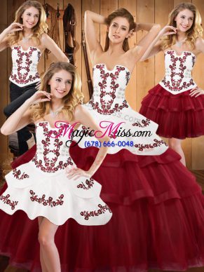 Satin and Organza Sleeveless With Train Quinceanera Dress and Embroidery and Ruffled Layers