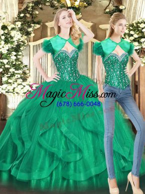 Ideal Green Ball Gowns Beading and Ruffles Sweet 16 Quinceanera Dress Lace Up Tulle Sleeveless Floor Length