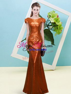 Rust Red Zipper Evening Dress Sequins Cap Sleeves Floor Length