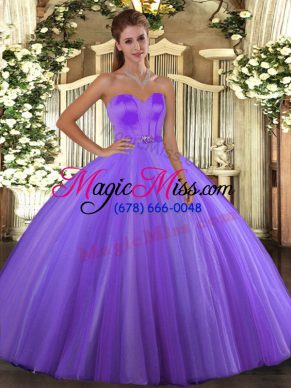 Elegant Lavender Tulle Lace Up Sweetheart Sleeveless Floor Length Quince Ball Gowns Beading