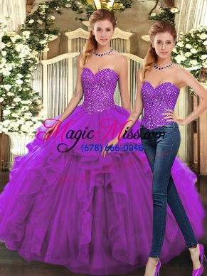Organza Sweetheart Sleeveless Lace Up Beading and Ruffles 15 Quinceanera Dress in Purple