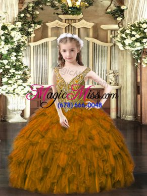 Popular Brown V-neck Lace Up Beading and Ruffles Pageant Dress for Teens Sleeveless