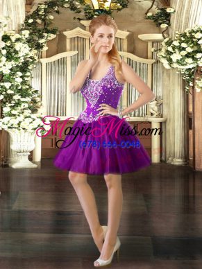 Purple Lace Up Straps Beading Evening Dress Tulle Sleeveless