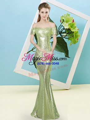 Yellow Green Sequined Zipper Off The Shoulder Short Sleeves Floor Length Prom Party Dress Sequins