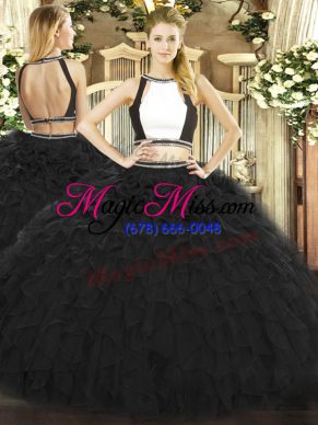 Floor Length Backless Quinceanera Dresses Black for Military Ball and Sweet 16 and Quinceanera with Ruffles