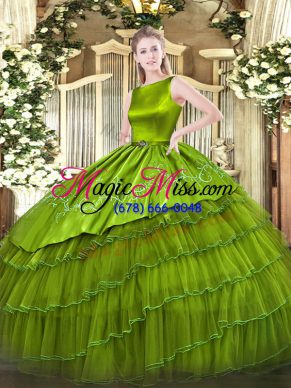 Clearance Olive Green Sleeveless Floor Length Embroidery and Ruffled Layers Lace Up Sweet 16 Quinceanera Dress