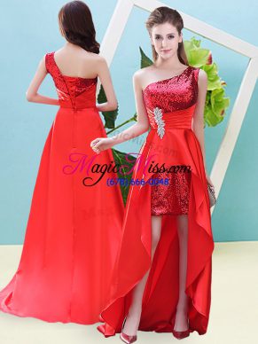 Red One Shoulder Neckline Beading and Sequins Prom Evening Gown Sleeveless Lace Up