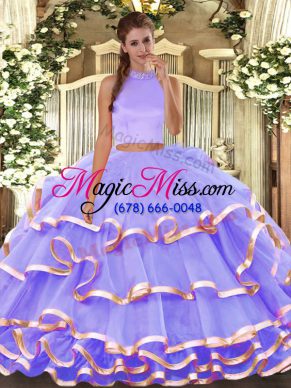 Trendy Halter Top Sleeveless Organza Quinceanera Dress Beading and Ruffled Layers Backless