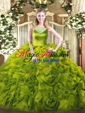 Olive Green Fabric With Rolling Flowers Side Zipper Quinceanera Dresses Sleeveless Floor Length Beading