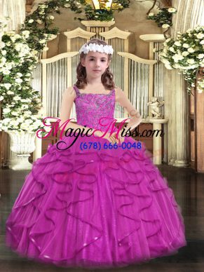 Superior Straps Sleeveless Tulle Little Girls Pageant Gowns Beading and Ruffles Lace Up
