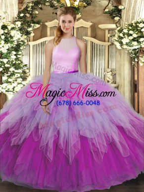 High-neck Sleeveless Backless Quince Ball Gowns Multi-color Organza