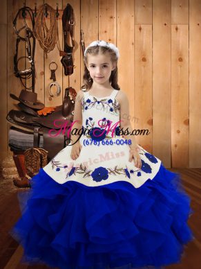 Straps Sleeveless Tulle Child Pageant Dress Embroidery and Ruffles Lace Up