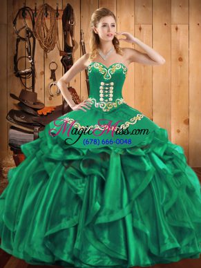 Sleeveless Floor Length Embroidery and Ruffles Lace Up Quince Ball Gowns with Green