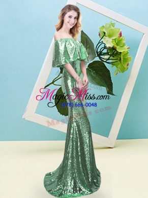 Turquoise Sequined Zipper Prom Dress Short Sleeves Floor Length Sequins