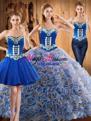 Sweetheart Sleeveless Sweet 16 Dress With Train Sweep Train Embroidery Multi-color Satin and Fabric With Rolling Flowers