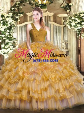 Brown Sweet 16 Dress Military Ball and Sweet 16 and Quinceanera with Ruffled Layers V-neck Sleeveless Zipper