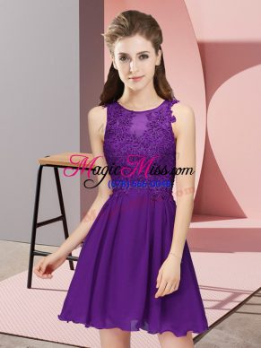 Designer Scoop Sleeveless Bridesmaid Gown Mini Length Appliques Purple Chiffon