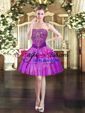 Purple Sleeveless Mini Length Beading Lace Up Dress for Prom