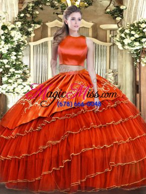Fine Orange Red Tulle Criss Cross Ball Gown Prom Dress Sleeveless Floor Length Embroidery and Ruffled Layers