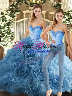 Custom Designed Sweetheart Sleeveless Quinceanera Gowns Floor Length Beading Baby Blue Fabric With Rolling Flowers