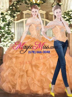 Orange Red Off The Shoulder Lace Up Beading and Ruffles 15 Quinceanera Dress Sleeveless