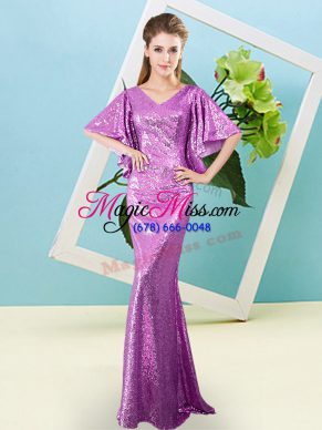 Affordable Lilac Half Sleeves Sequins Floor Length