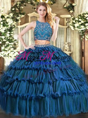 Floor Length Zipper Sweet 16 Dresses Teal for Military Ball and Sweet 16 and Quinceanera with Beading and Ruffled Layers