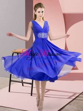 Stunning V-neck Sleeveless Side Zipper Bridesmaids Dress Blue Chiffon