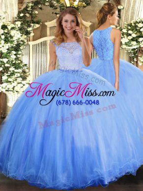 Baby Blue Ball Gowns Scoop Sleeveless Tulle Floor Length Clasp Handle Lace Sweet 16 Quinceanera Dress