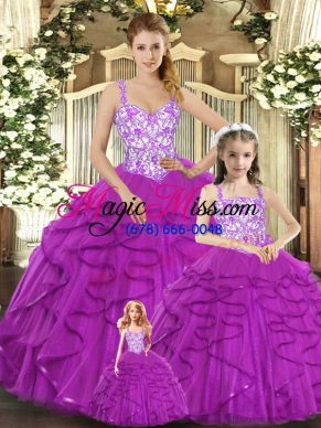 Organza Straps Sleeveless Lace Up Beading and Ruffles Ball Gown Prom Dress in Fuchsia