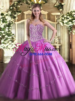 Traditional Lilac Tulle Lace Up Sweetheart Sleeveless Floor Length Quinceanera Gown Beading