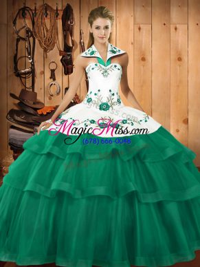 Superior Halter Top Sleeveless Quinceanera Dress Sweep Train Embroidery and Ruffled Layers Turquoise Organza