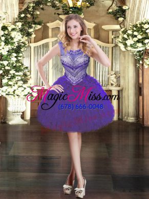 Comfortable Scoop Sleeveless Evening Dress Mini Length Beading and Ruffles Purple Organza