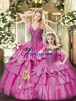 Fuchsia Organza Lace Up 15th Birthday Dress Sleeveless Floor Length Beading and Ruffled Layers