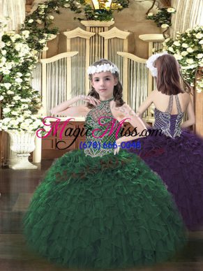 Organza Halter Top Sleeveless Lace Up Beading and Ruffles Pageant Dress Toddler in Dark Green